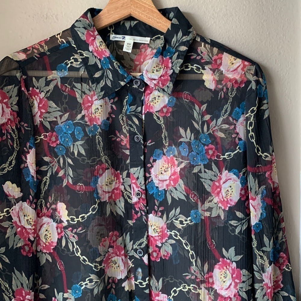 SEVEN7 Floral Long Ruffle Sleeve Sheer Button Down Blouse